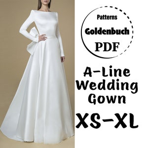 XS-XL Wedding Dress PDF Sewing Pattern Bridal Gown A-line Evening Dress Long Sleeve Dress Full Circle Skirt Maxi Prom Formal Outfit with Bow