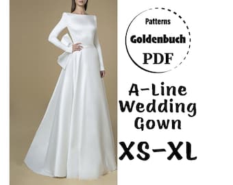 XS-XL Hochzeitskleid PDF-Schnittmuster Brautkleid A-Linie Abendkleid Langarmkleid Vollkreisrock Maxi-Abschlussball formelles Outfit mit Schleife