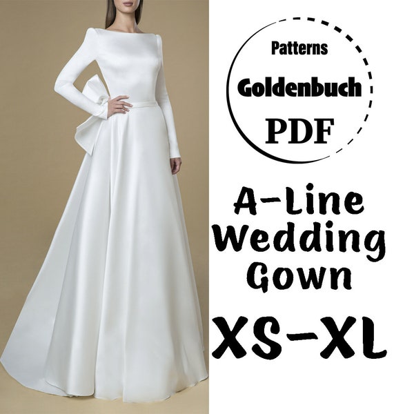 XS-XL Wedding Dress PDF Sewing Pattern Bridal Gown A-line Evening Dress Long Sleeve Dress Full Circle Skirt Maxi Prom Formal Outfit with Bow