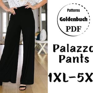 1XL-5XL Palazzo Pants PDF Sewing Pattern Plus Size Wide Leg Trousers Loose Fit High Waist Pants with Pocket Print at Home DIY Women Clothes