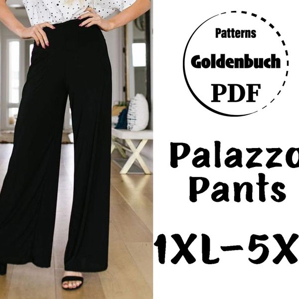 1XL-5XL Palazzo Pants PDF Sewing Pattern Plus Size Wide Leg Trousers Loose Fit High Waist Pants with Pocket Print at Home DIY Women Clothes