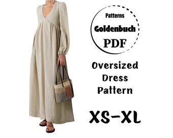 XS-XL V-Neck Dress PDF Sewing Pattern Long Sleeve Dress Maternity Kaftan Dress Plunging Neckline Gown Summer Maxi Dress Simple Women Clothes