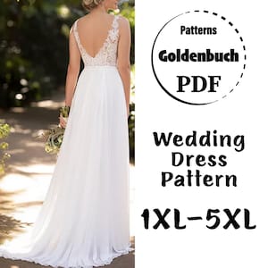 1XL-5XL Wedding Dress PDF Sewing Pattern Plus Size V-Neck Bridal Gown with Train Fit Flare A-line Prom Dress Low Back Gown Circle Maxi Dress