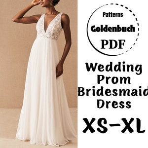 XS-XL Wedding Dress PDF Sewing Pattern Lace Bridal Gown A-line Prom Dress Chiffon Formal  Outfit Full Circle Skirt Maxi V-Neckline Dress