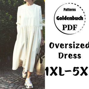 1XL-5XL Loose Fit Dress PDF Pattern Oversized Plus Size Kaftan Long Sleeve Dress Basic Women Clothes DIY Crafts Minimalist Maternity Dress