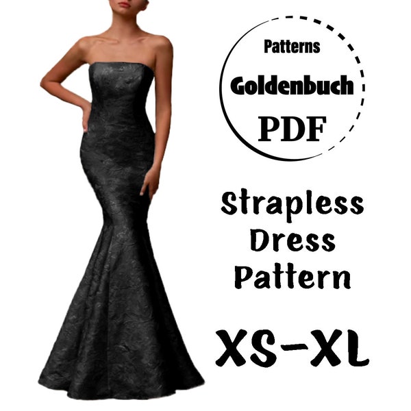 XS-XL Strapless Dress PDF Sewing Pattern Mermaid Wedding Gown Fishtail Prom Dress Open Shoulders Bridesmaid Outfit Fit & Flare Evening Gown