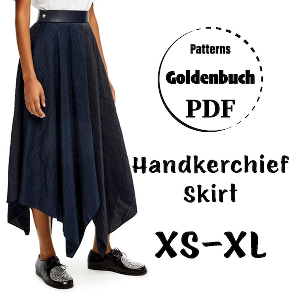 XS-XL ALine Skirt PDF Sewing Pattern Handkerchief Hem Midi Skirt High Waisted Flared Skirt Women Clothes for Office Tea Length Circle Skirt