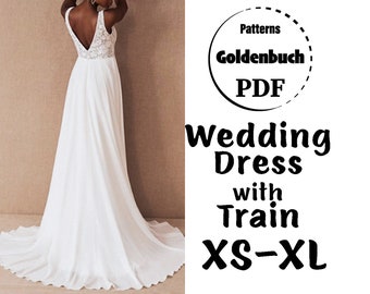 XS-XL Brautkleid PDF Schnittmuster Low Back Brautkleid Aline Abendkleid mit Schleppe Formelles Outfit Tellerrock Maxi Kleid mit offenem Rücken