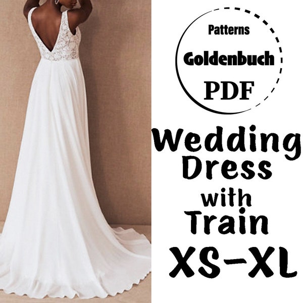 XS-XL Wedding Dress PDF Sewing Pattern Low Back Bridal Gown Aline Prom Dress with Train Formal Outfit Full Circle Skirt Maxi Open Back Dress