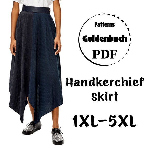 1XL-5XL ALine Skirt PDF Sewing Pattern Plus Size Midi Skirt Handkerchief Hem Skirt High Waist Flared Skirt Women Office Clothes Circle Skirt