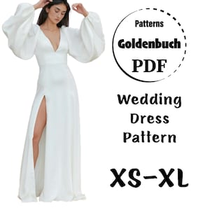 XS-XL Wedding Dress PDF Sewing Pattern Bishop Sleeves Bridal Gown with Train Aline Prom Dress Low Back Maxi Dress with High Slit Formal Gown