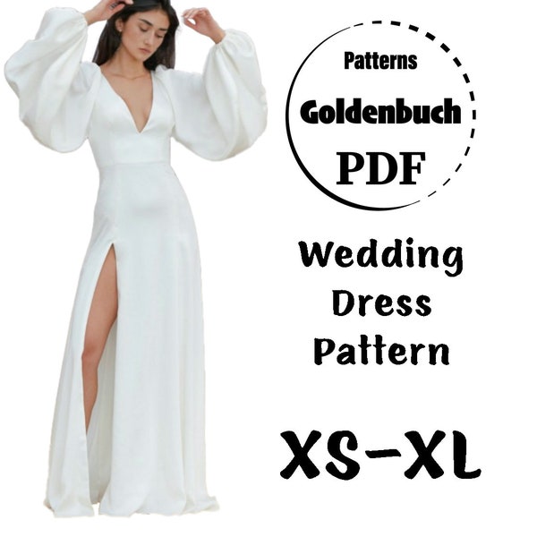 XS-XL Wedding Dress PDF Sewing Pattern Bishop Sleeves Bridal Gown with Train Aline Prom Dress Low Back Maxi Dress with High Slit Formal Gown