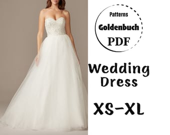 XS-XL Wedding Dress PDF Sewing Pattern Sweetheart Prom Gown Strapless Tutu Dress A-Line Bridal Gown Formal Outfit Princess Evening Dress