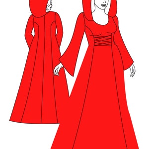 XS-XL Medieval Dress PDF Sewing Pattern Renaissance Hooded Gown A-line Wedding Dress Elf Cosplay Long Sleeve Bridal Gown Lace Up Outfit image 6