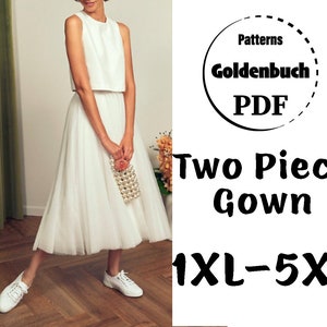 1XL-5XL Zweiteiler Kleid PDF Schnittmuster Plus Size Abendkleid Brautjungfer Kleid Tee Länge Brautrock Erwachsene Tutu & Crop Top Hochzeit Outfit