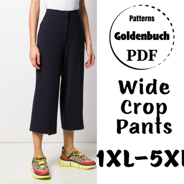 1XL-5XL Wide Leg Capri PDF Sewing Pattern Plus Size Women Crop Trousers High Rise Pants with Inseam Pockets Office Clothes Basic Culottes