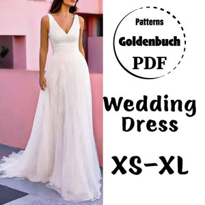 XS-XL Wedding Dress PDF Sewing Pattern A-line Prom Gown Low Back Bridal Dress V-Neck Formal Outfit Full Circle Maxi Dress Chiffon Ball Gown