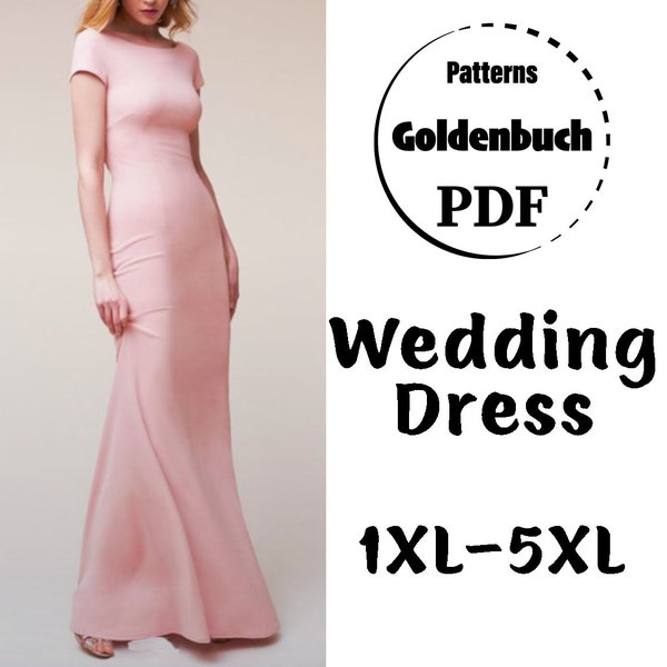 1XL-5XL A-Line Brautkleid PDF Schnittmuster Plus Size Kurzarm Kleid Brautjungfer Slim Fit Abendkleid Abendkleid Langes Abend Outfit