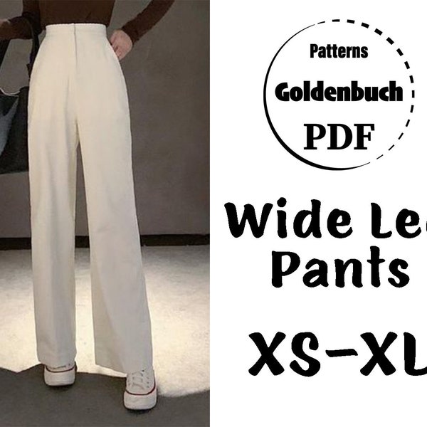 XS-XL Wide Leg Pants PDF Sewing Pattern Women Classic Trousers High Waist Pants with Side Pockets Office Clothes Wardrobe for Work