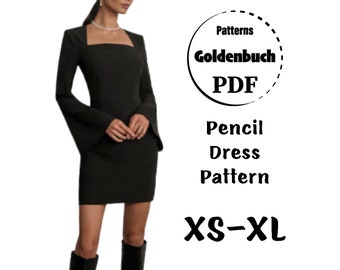XS-XL Pencil Dress PDF Sewing Pattern Long Bell Sleeve Mini Dress with Shaped Neckline Basic Women Clothing Slim Fit Simple Sheath Dress