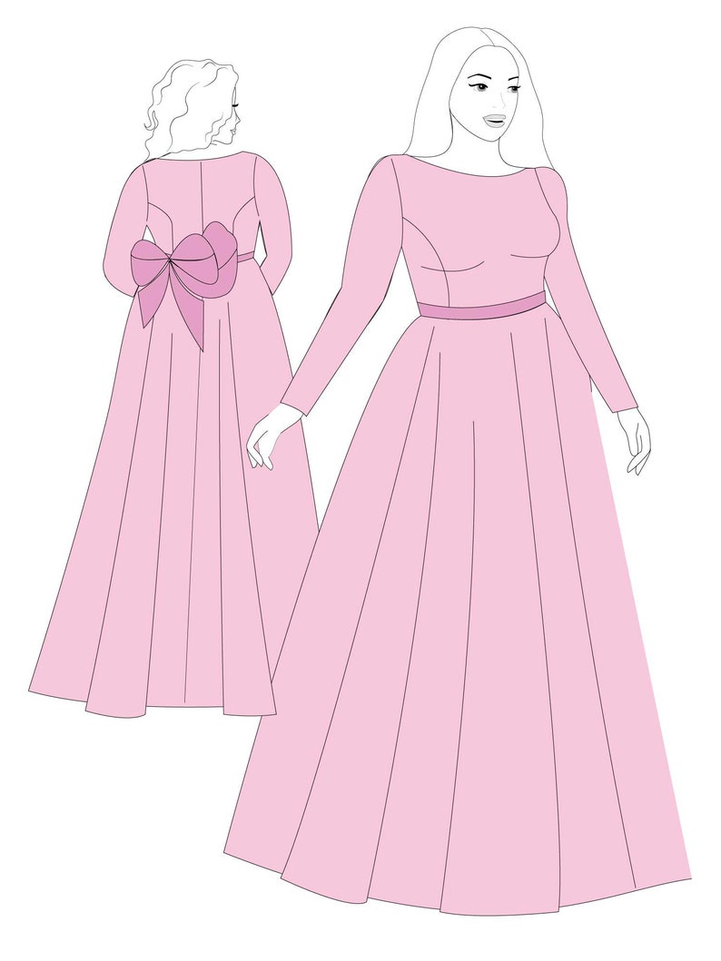XS-XL Wedding Dress PDF Sewing Pattern Bridal Gown A-line Evening Dress Long Sleeve Dress Full Circle Skirt Maxi Prom Formal Outfit with Bow