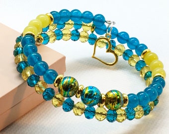 Yellow jade, apatite and crystal coil bracelet