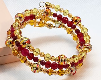 Ruby gemstone and crystal coil bracelet