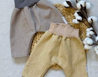 Sarouel bébé évolutif en lin 0-48 mois taupe beige doré fille garçon pantalon été