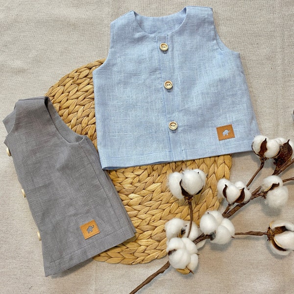 Chemise en lin 0 à 4 ans fille garçon gilet en lin sans manches gris et bleu clair boutons en bois chemise d'été t-shirt en lin