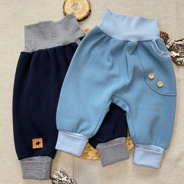 Pumphose Waffel 50-104 Baby Kinder - Jungen/Mädchen - Basic Hose - Mitwachshose - optional Knöpfe und Tasche hellblau dunkelblau marineblau
