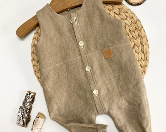 Ensemble en lin 50-92 barboteuse beige foncé bébé enfant en bas âge boutons en bois combinaison été joueur barboteuse une pièce pour garçons et filles