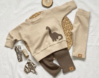 Set 50-104 Oversized Sweater Hose Baby Kleinkind beige taupe Pullover Waffeljersey mit Applikation auch einzeln erhältlich