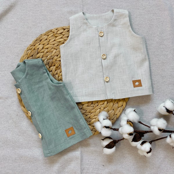 Chemise en lin 0 à 4 ans bébé garçon fille sans manches pour l'été, vert menthe et gris clair avec boutons en bois, t-shirt en lin, blouse