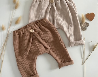 Pantalon été double gauze/bébé/enfant/0-24 mois/beige clair/cacao/fille/garçon/unisexe