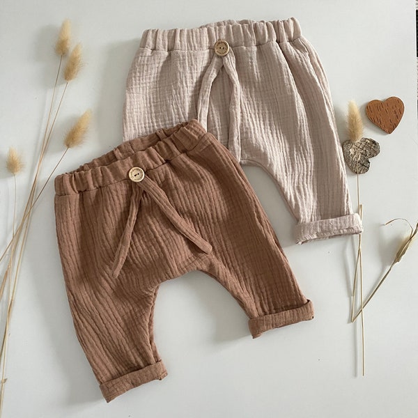 Pantalon été double gauze/bébé/enfant/0-24 mois/beige clair/cacao/fille/garçon/unisexe