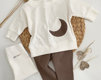 Ensemble bébé 50-104 Pantalon pull surdimensionné Bébé tout-petit blanc naturel taupe Pull en jersey gaufré avec appliqué également disponible individuellement