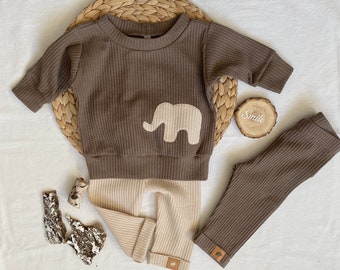 Set 50-104 Oversized Sweater Hose Baby Kleinkind taupe beige Pullover schmale Hose Waffeljersey mit Applikation auch einzeln erhältlich