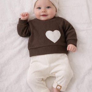 Baby set 50-104 Oversized Sweater Trousers Baby Toddler Girl Taupe Off-White Sweatshirt Leggings Waffle Jersey Heart Sold individually image 2