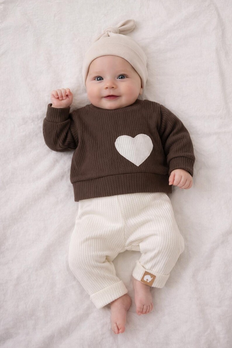 Baby set 50-104 Oversized Sweater Trousers Baby Toddler Girl Taupe Off-White Sweatshirt Leggings Waffle Jersey Heart Sold individually image 2