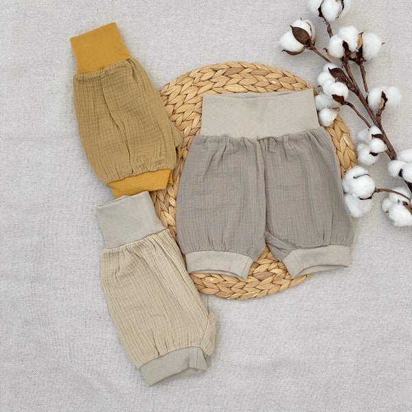 Pantalon court en mousseline 50-104 taupe beige moutarde jaune unisexe fille garçon shorts bébé pantalon bummies