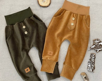 Baby Jogger 50-104 Feincordjersey camel Kaki oliv Knöpfe Taschen Baby Kinder Jungen Mädchen Basic Hose Mitwachshose Rippjersey