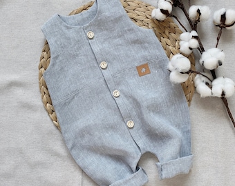 Linen overall 50-92 light gray mottled romper baby toddler wooden buttons jumpsuit summer player romper