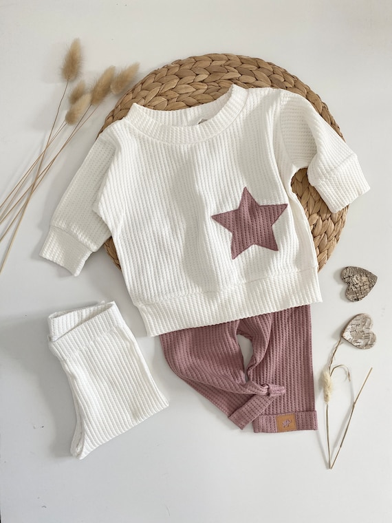 Babyset 50-104 Oversized Sweater Hose Baby Kleinkind Mädchen offwhite altrosa Pullover Leggings Waffeljersey Stern einzeln erhältlich