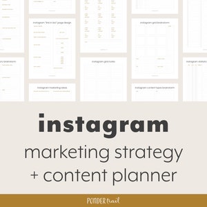 May include: A printable Instagram marketing strategy and content planner with sections for story brainstorming, grid notes, link in bio page design, marketing ideas, content types, and statistics.