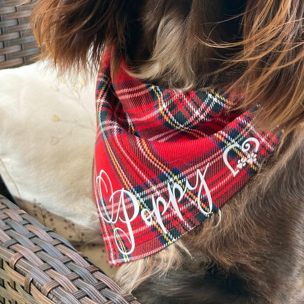 Personalised Dog Bandana Red Tartan Slide on ,Posh dog ,Neckerchief *Gift*