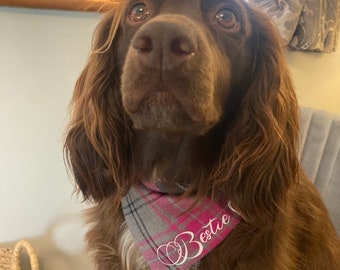 Personalised Dog Bandana Pink Tartan Slide on ,Posh dog ,Neckerchief