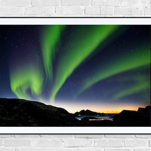 Northern Lights at Sunset Print on Metallic Paper, Aurora Borealis, Norway, Northern Lights Photography, Wall Art Home Decor, night