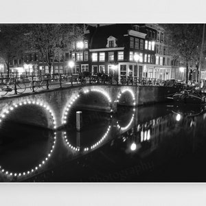 Amsterdam Canal at Night Print, Black and White, Amsterdam,Amsterdam Art Photography, Wall Art Home Decor, Night, Long Exposure,  Travel