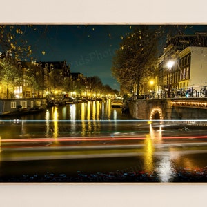 Amsterdam Canal at Night Print on Metallic Paper, Amsterdam,Amsterdam Art Photography, Wall Art Home Decor, Night, Travel
