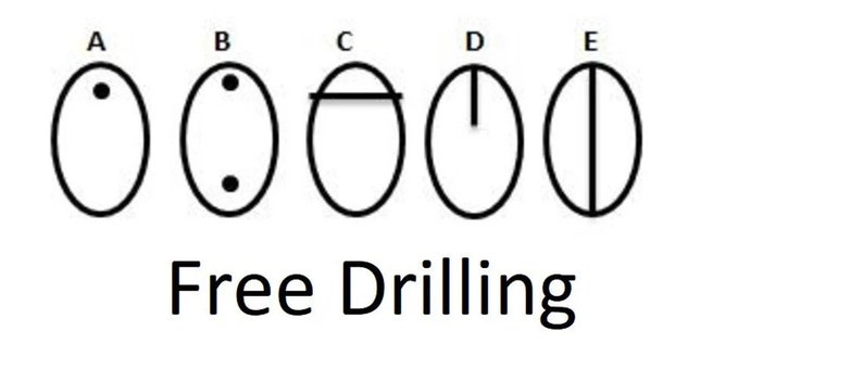 Puede incluir: Cinco ilustraciones en blanco y negro de diferentes formas de perforar un agujero en una pieza de madera. Las ilustraciones est&aacute;n etiquetadas de la A a la E. El texto "Free Drilling" est&aacute; debajo de las ilustraciones.